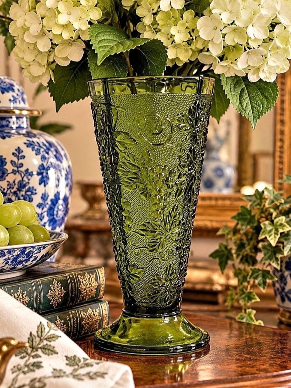 Vintage Indiana Glass Colony Harvest Grape Green Pedestal Vase